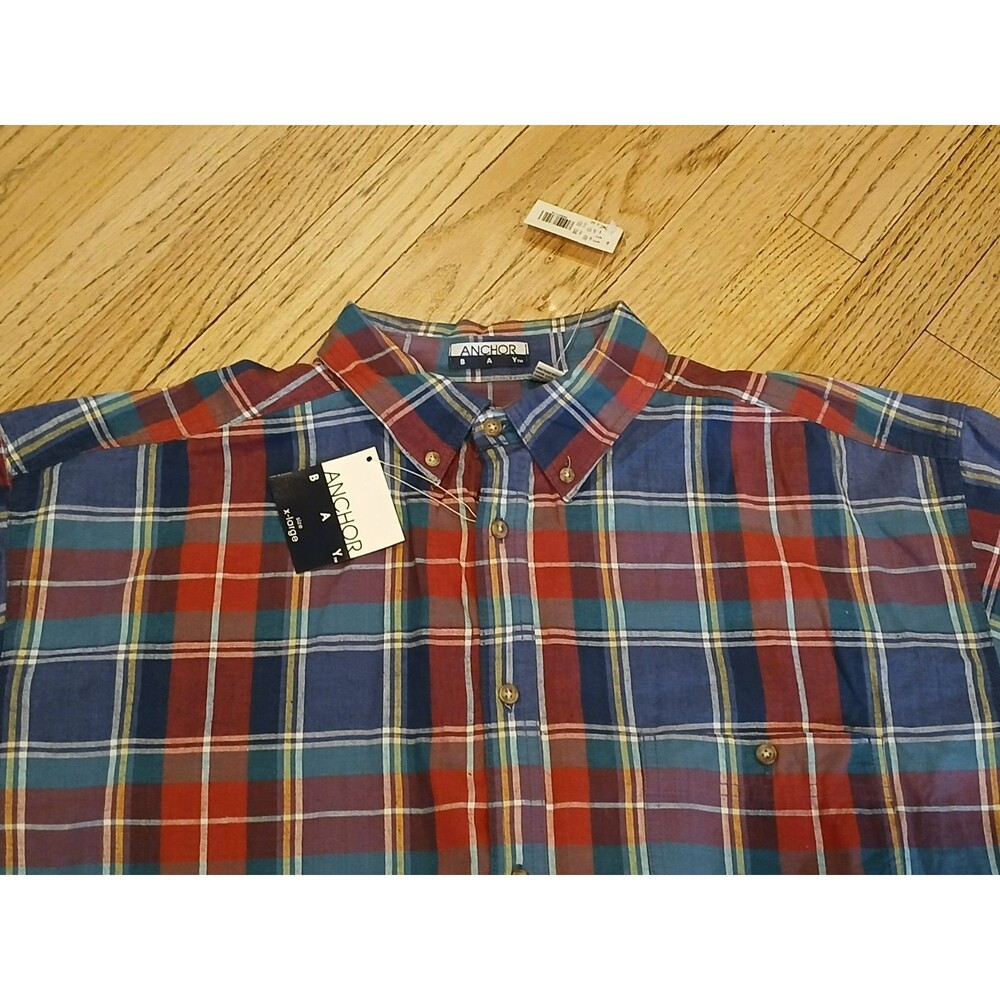 NWT 90's Anchor Bay Men's XL 100% Cotton Plaid Short Sleeve Shirt Classic Button - Picture 4 of 7
